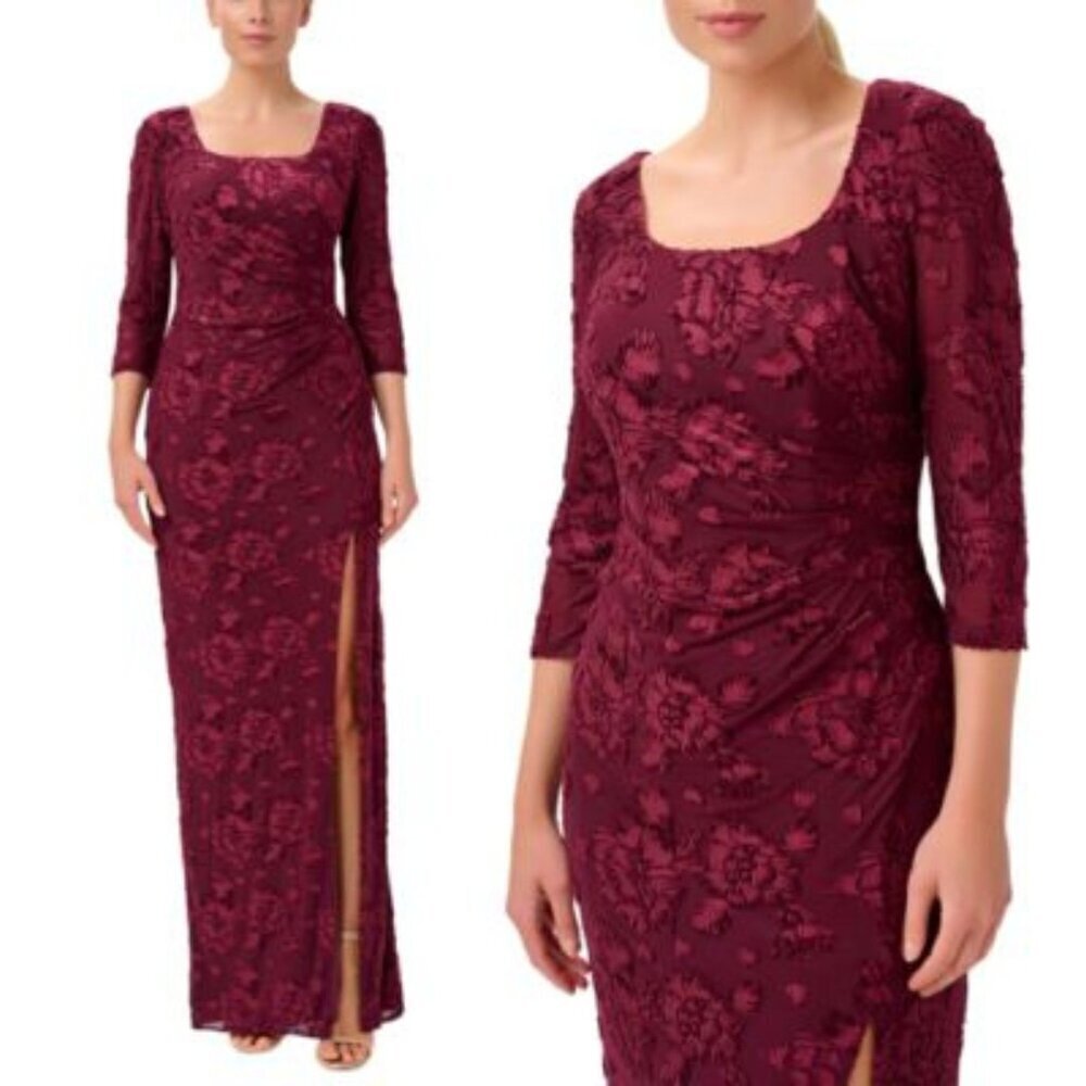 New! Adrianna Papell Cranberry Burnout Velvet Ruched Gown Size 8 26923